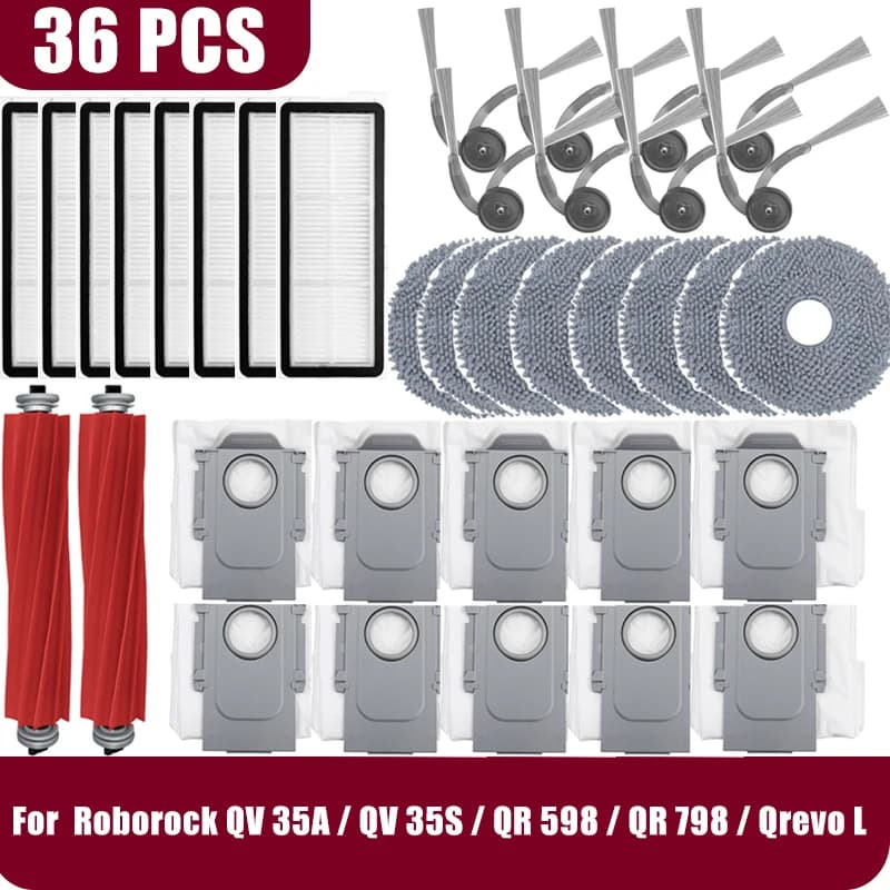 إكسسوارات Roborock Qrevo L /QV 35A / QV 35S / QR 598 / QR 798: فرشاة جانبية رئيسية، مرشح، ممسحة، كيس غبار
