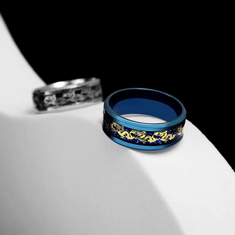 خواتم بفتحة تنين مهيمنة 8 ملم من الفولاذ المقاوم للصدأ للرجال والنساء خاتم ألياف كربون أزرق مرصع بنقوش بانك - 6