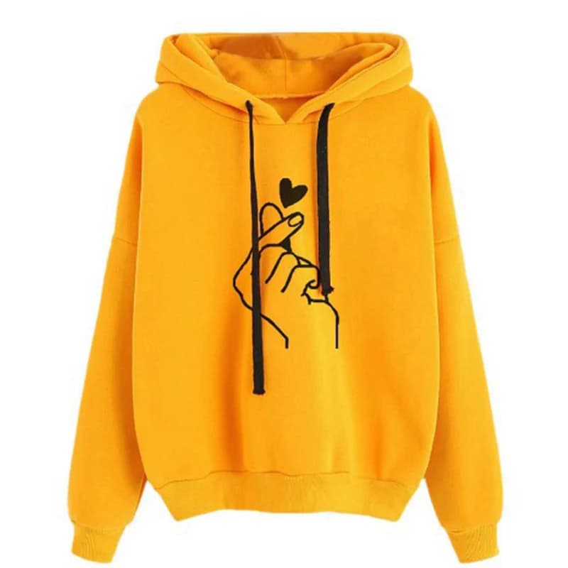 Autumn Fleece Hoodie Solid Color Finger Heart Hooded Korean Fashion Sweatshirts Long Sleeve Top Drawstring Pockets Loose Hoodies - 6