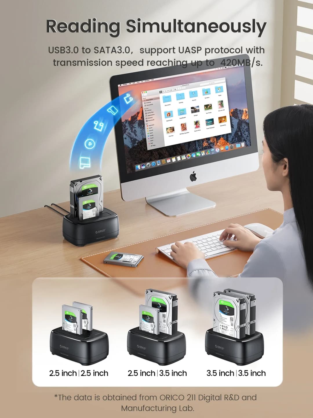 ORICO Dual-bay Hard Drive Station USB3.0 5Gbps Type-C HDD Docking Station  with 12V 3A Power Adapter  for 2.5/3.5 Inch HDD/SSD - 6