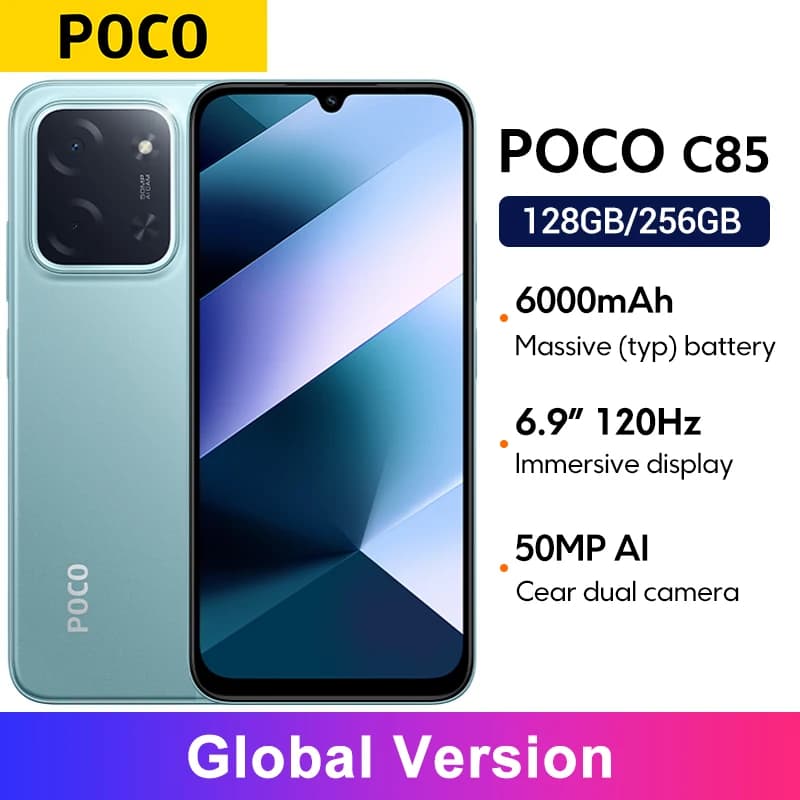 هاتف POCO C85 الإصدار العالمي، شاشة Dot Drop 6.9 بوصة، كاميرا 50 ميجابكسل، بطارية 6000 مللي أمبير في الساعة، شحن 33 واط، معالج Helio G81-Ultra، NFC