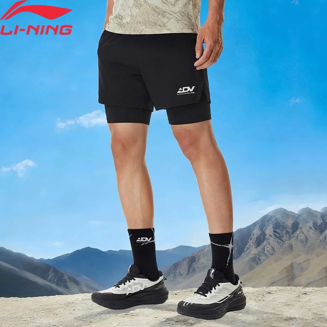 Li-Ning Men's Running 2 IN 1 Shorts LN DRY 88%Polyester 12%Elastane Sun Protection Adjustable Waist LiNing Sport Bottoms AKSW303
