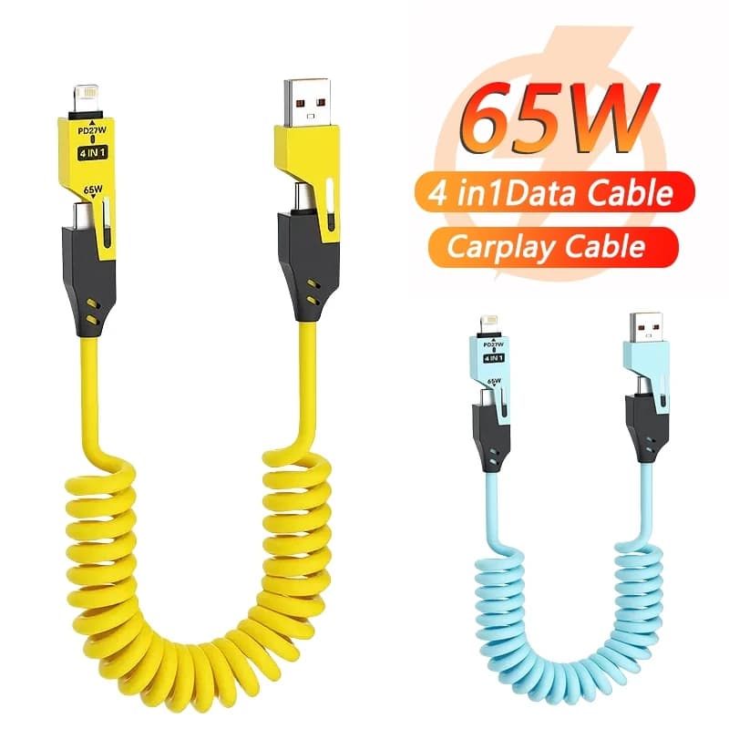 4 في 1 65 واط كابل شحن متعدد المنافذ USB نوع C شحن سريع كابل بيانات آيفون 16 15 شاومي سامسونج PD 27 واط كابل الإضاءة