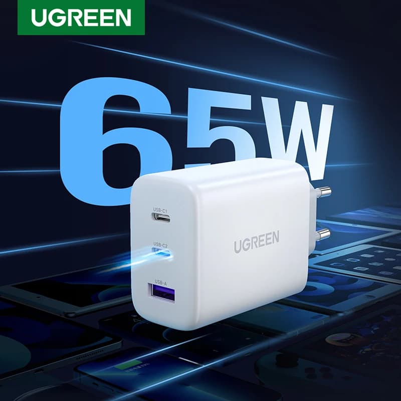 شاحن PD من UGREEN بقوة 65 واط يدعم Quick Charge 4.0 و3.0 وType-C لهواتف آيفون 17 و16 و15 برو ماكس والكمبيوتر المحمول