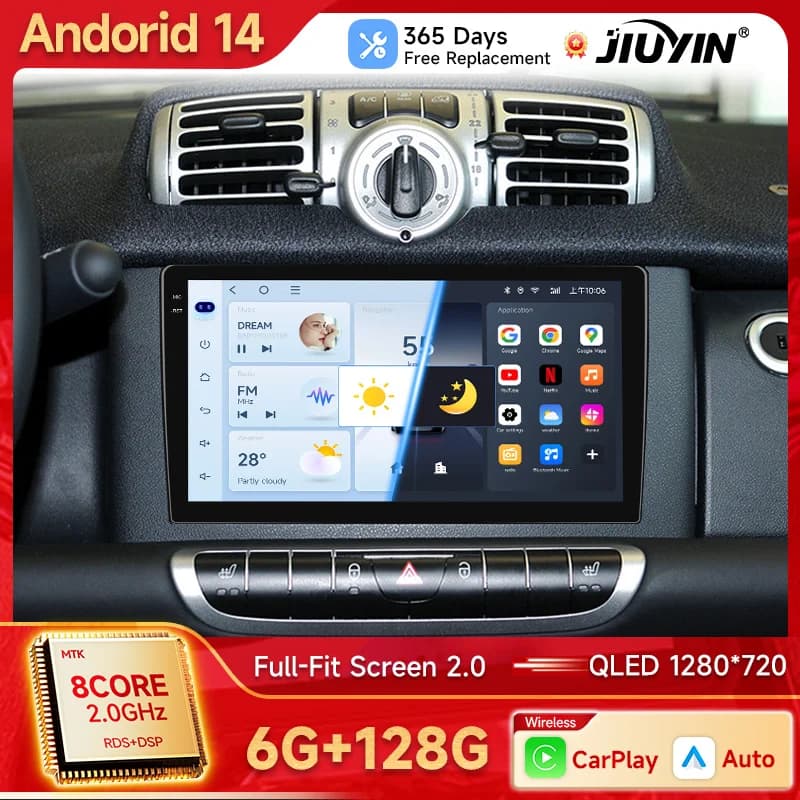راديو JIUYIN Android Auto لسيارة Smart Fortwo 451 2005 - 2015 Carplay لاسلكي 4G نظام وسائط متعددة GPS 2din autoradio