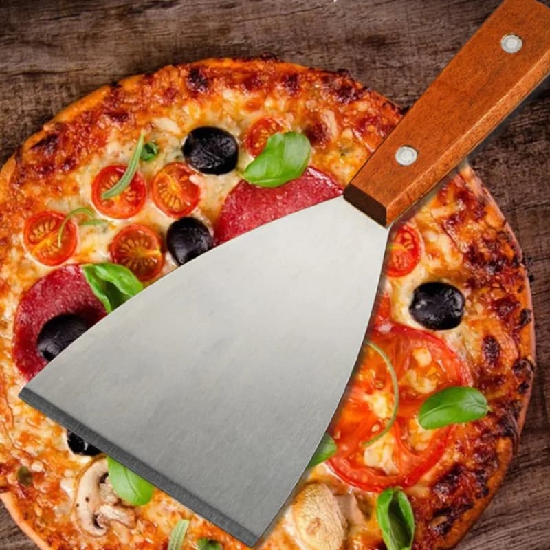 قواطع بيتزا مائلة ملعقة ستيك برجر فطيرة بيتزا كاشطة مجرفة أدوات مطبخ للشواء مقبض خشبي من الفولاذ المقاوم للصدأ - 4