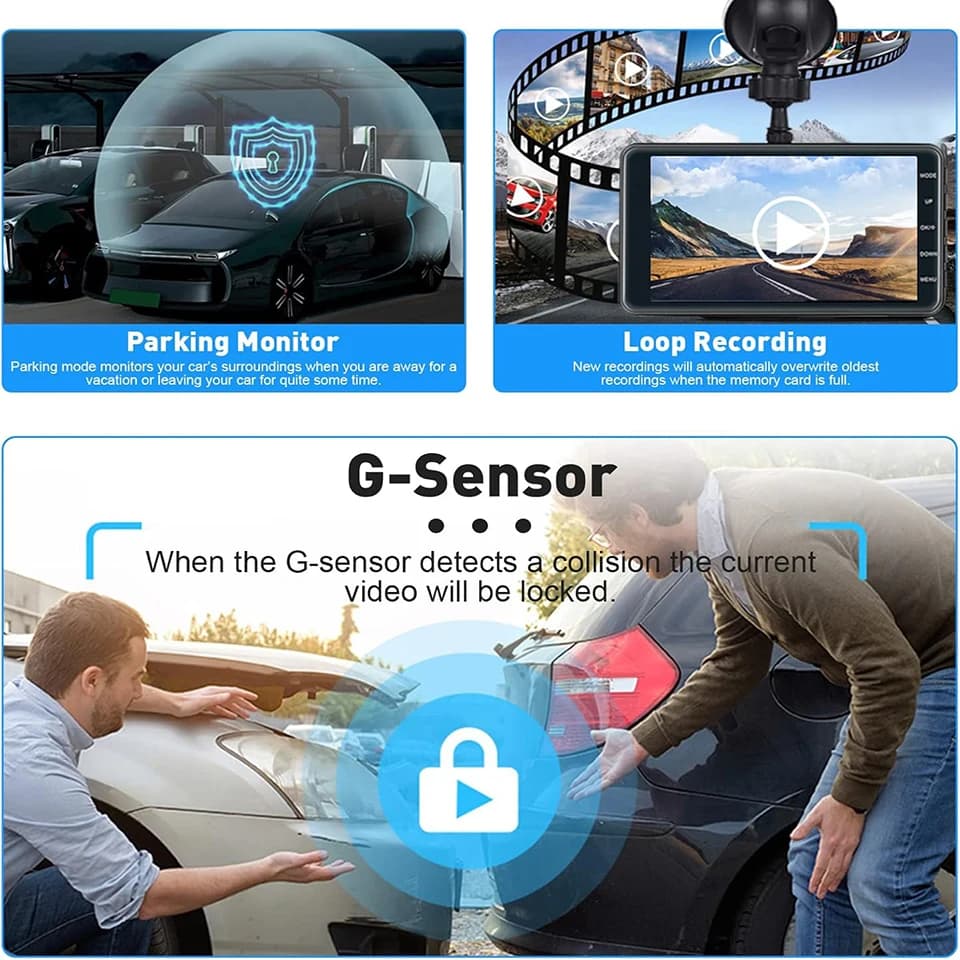 كاميرا سيارة E-ACE بشاشة لمس 4 بوصة LCD بدقة FHD 1080P مع خيار كاميرا خلفية وحساس G وHDR وتسجيل حلقي وكشف الحركة - 5