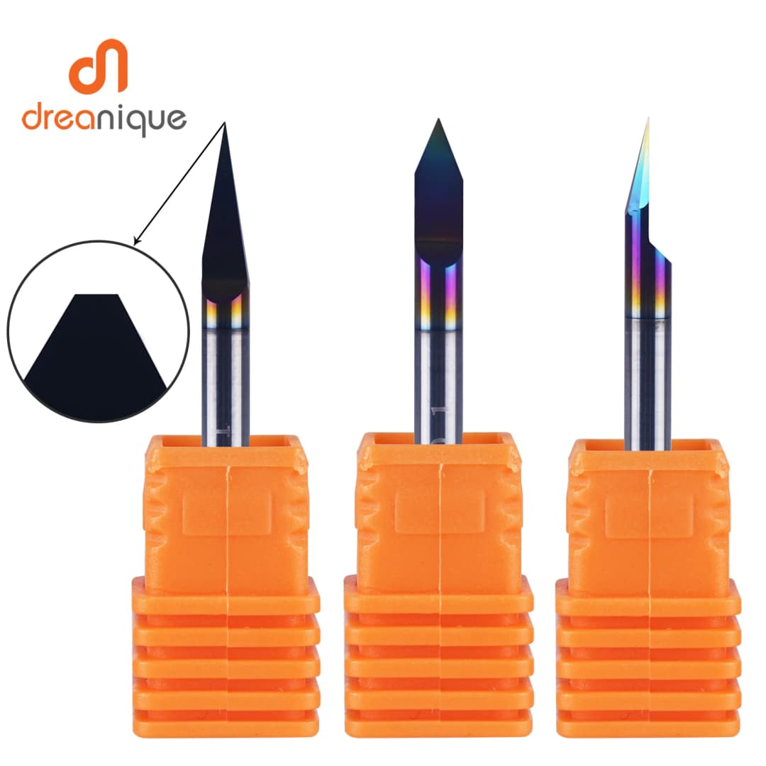 قطعة نقش لوحة دارات مطبوعة من كربيد القاع المسطح من Dreanique 1 قطعة ساق 3.175 مم مطلية بطبقة DLC بزاوية 30 و60 و90 درجة طرف 0.1 و0.2 و0.3 مم أداة قطعة أخدود على شكل V
