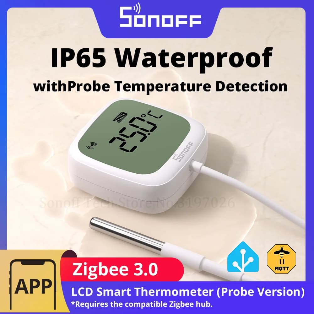 SONOFF SNZB-02LD Zigbee3.0 LCD Smart Thermometer with Probe IP65 Waterproof for Fridge Pool Fish tank Wine Cellar via ZBBridge-P