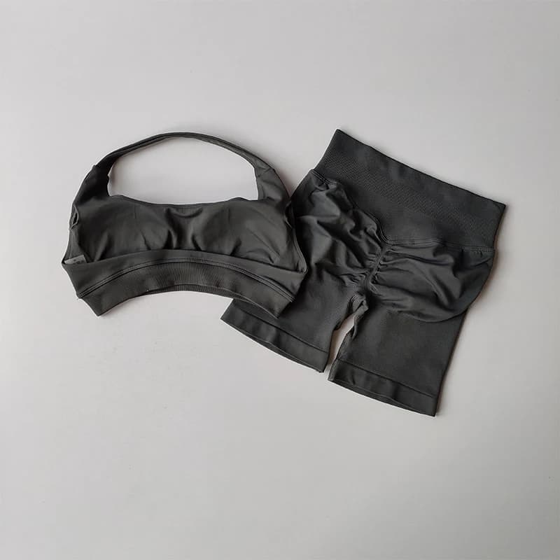 Sexy Halter Neck Beautiful Back High Waist Peach Sports Bras Shorts Suit Pilates Gathering Yoga Vest Training Fitness Bra Sets - 6