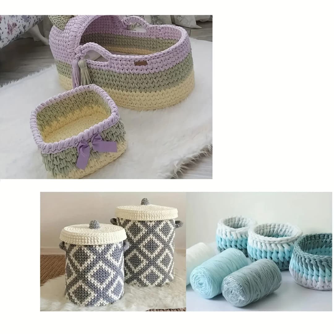 مجموعة سلة نسيج يدوية، 3 قطع، قاعدة خشبية، لصنع الحرف اليدوية - 2