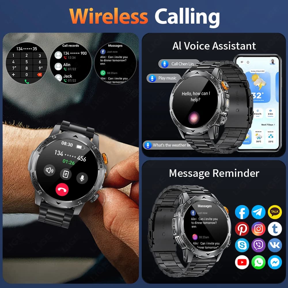 ساعة ذكية LIGE عسكرية خارجية جديدة للرجال، كشاف، مقاومة للماء IP68، شاشة 1.7 بوصة HD، مكالمات لاسلكية، بطارية كبيرة 1000mAh - 3