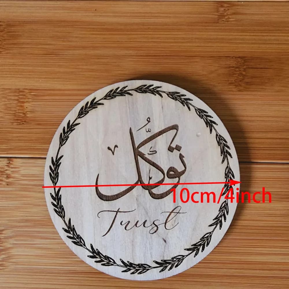 7Pcs Islamic Wooden Coasters Ramadan Arabic Calligraphy Daily Reminder Virtues of Muslim Kitchen Table Decor Housewarming Gift - 2
