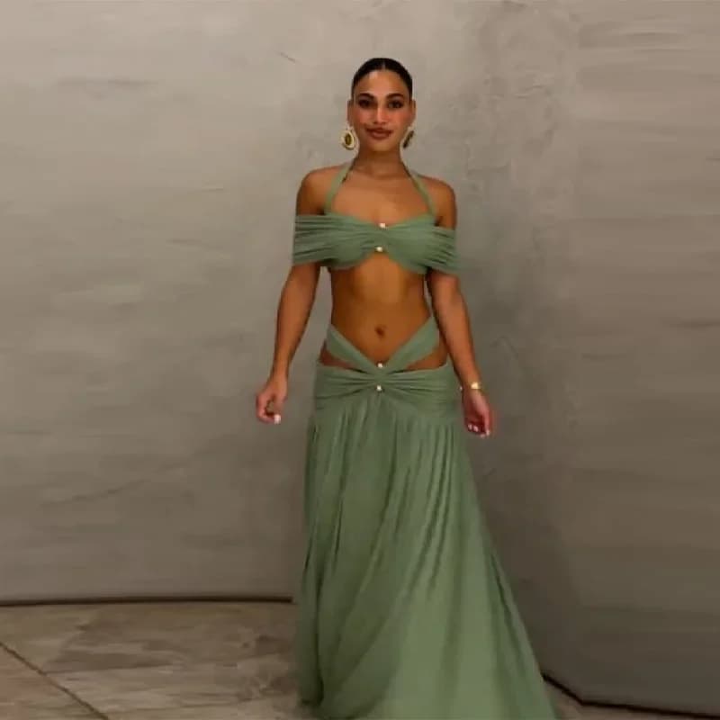 Elegant Sequin Floral Two Piece Set For Woman One Shoulder Crop Top + High Waist Cutout Mini Skirt Vacation Party Co-ord Set - 5