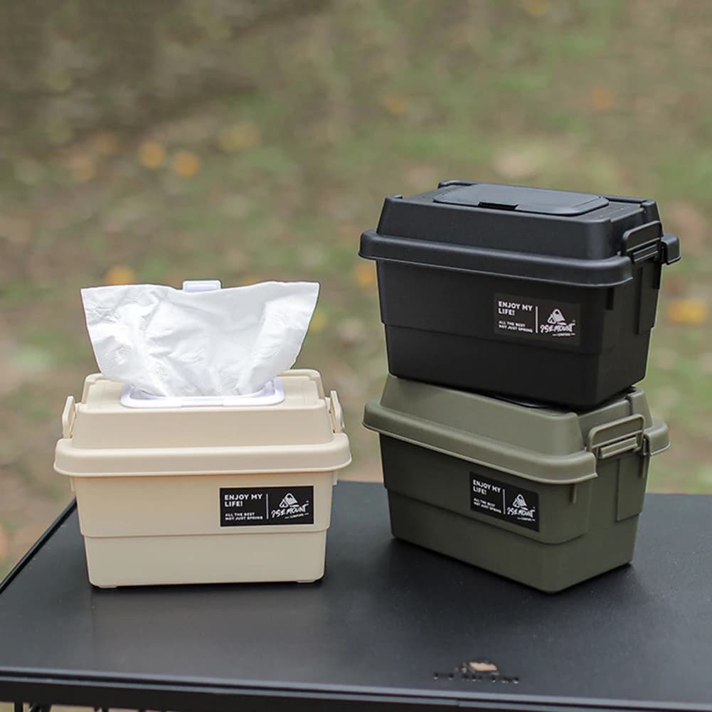 صندوق تخزين خارجي متعدد الوظائف 1.1 لتر، حافظة مناديل ورقية محمولة مقاومة للرطوبة للتخييم والمشي والسفر - 2