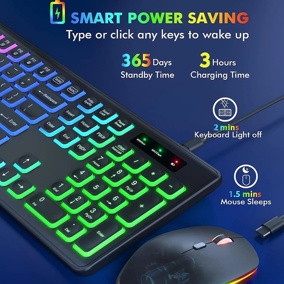 Jomaa Wireless Game Keyboard Controller for Gaming Windows Laptop RGB Backlit Full Size Keyboard and Mouse Set Rechargeable - 3