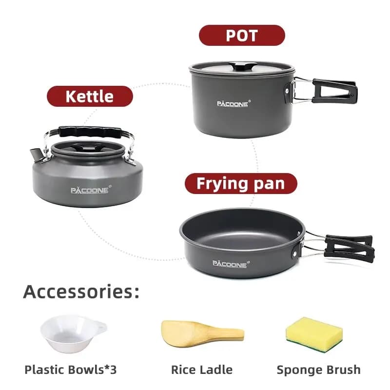 PACOONE Camping Cookware Set Portable Cookware Kit Outdoor Pot Cooking Water Kettle Pan Set Tableware Hiking Picnic Equipment - 2