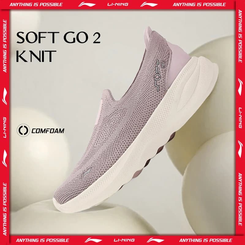 أحذية مشي كاجوال نسائية من لي نينغ، طراز SOFT GO 2 KNIT، سهلة الارتداء، بتصميم مريح ومرن مع بطانة قابلة للتنفس، سنيكرز مريحة، موديل AGLV018