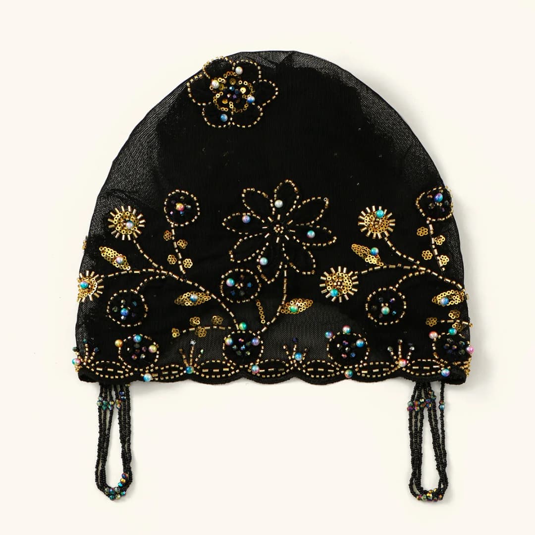 Muslim Lace Pearls Hat Caps Mesh Fabric Bead Tube Paired With An Acrylic Diamond Thread Embroidered Hat For Dubai Arabian Women - 3