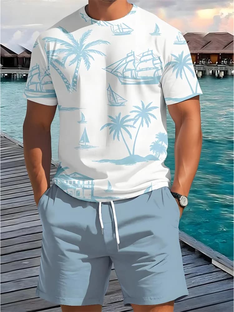 2 Piece Summer Casual Everyday Men's Short Sleeve Shorts Set Hawaiian Print Men's T-shirt Outdoor Sports Men's Beach Shorts - 2