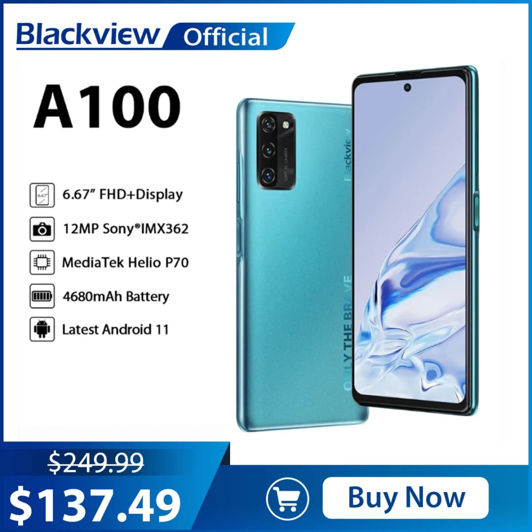 هاتف بلاك فيو A100 الذكي، معالج هيليو P70، أندرويد 11، ذاكرة وصول عشوائي 6 جيجابايت، ذاكرة داخلية 128 جيجابايت، شاشة 6.67 بوصة، بطارية 4680 مللي أمبير، NFC، 4G LTE، شحن سريع 18 واط