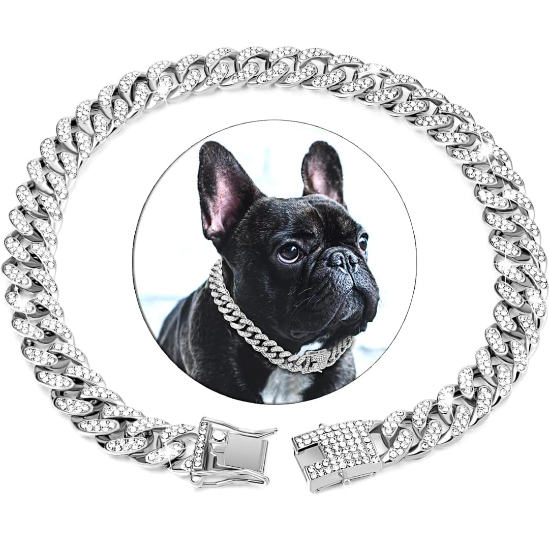 Dog Chain Diamond Cuban Collar Walking Metal Chain Collar with Design Secure Buckle, Pet Cat Cuban Collar Jewelry Accessories - 2