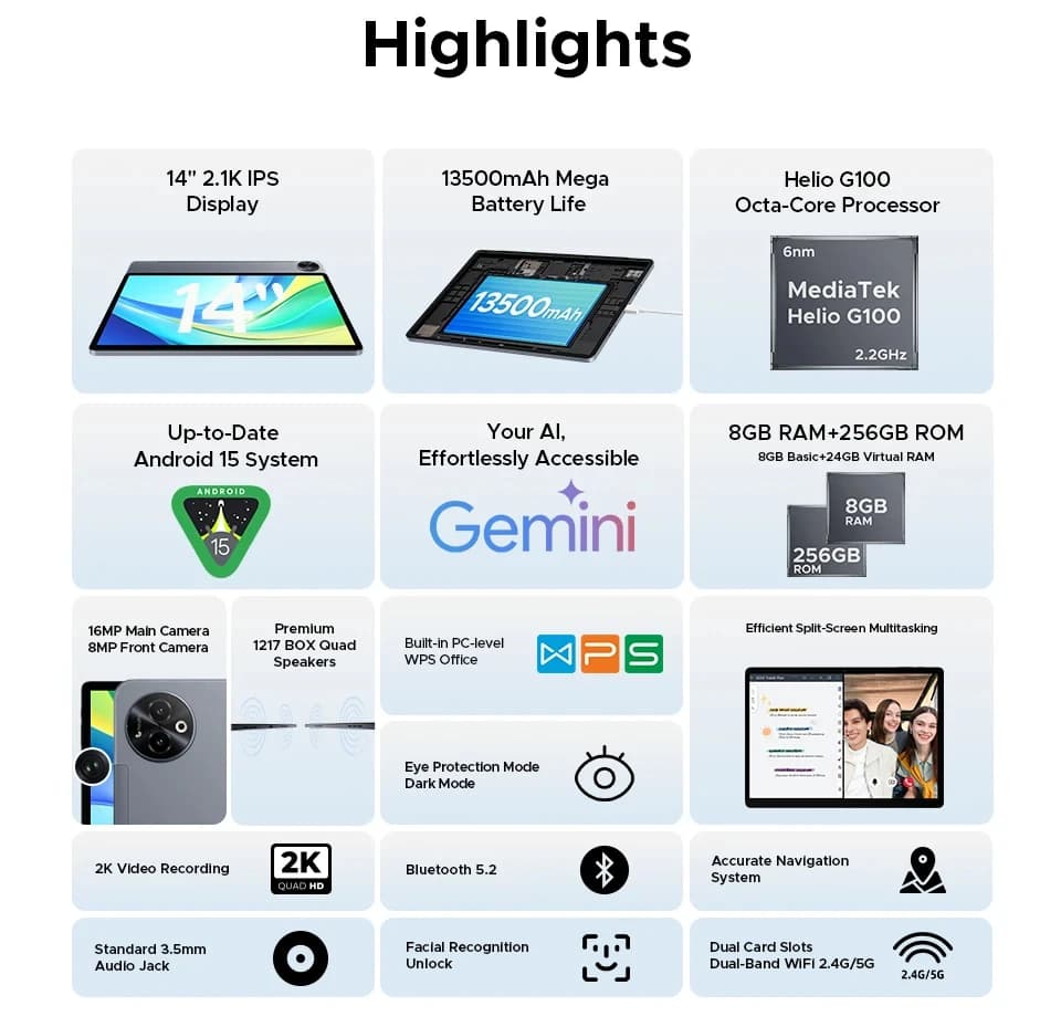 جهاز لوحي DOOGEE Tab E3 Max، نظام أندرويد 15، معالج Gemini AI، مكبرات صوت رباعية، شاشة 14 بوصة بدقة 2.1K، ذاكرة وصول عشوائي 8 جيجابايت، سعة تخزين 256 جيجابايت، بطارية كبيرة 13500 مللي أمبير في الساعة - 2