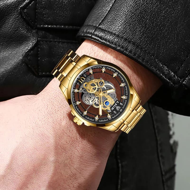 Original LIGE Men Watch Gold Stainless Steel Hollow Skeleton Quartz Watches for Men Fashion Military Waterproof Men Wristwatch - 5