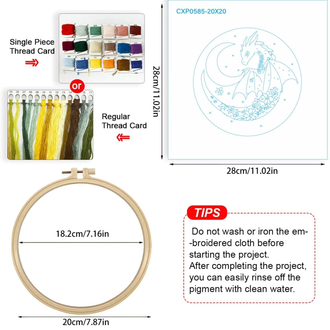 1pc 20X20CM/7.87inch The Dragon and the Moon Embroidery Starter Kit DIY kit Set for Beginner Craft Painting Sewing Art - 6