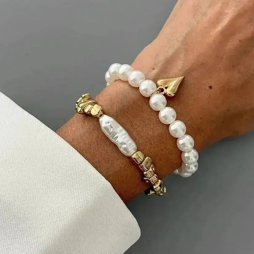 2Pcs/Set Elegant Imitation Pearl Bracelet for Women Bohemian Elastic Rope Chain Bracelet with Heart Pendant Jewelry Gift - 2