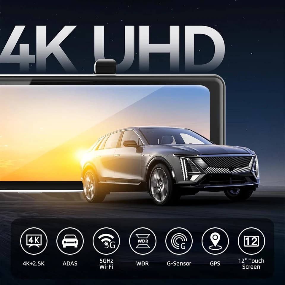 كاميرا لوحة قيادة ADAS بدقة 4K مع رؤية ليلية عالية الدقة وواي فاي مدمج ومسجل فيديو للسيارة بمرآة رؤية خلفية وكاميرا بعدستين - 2