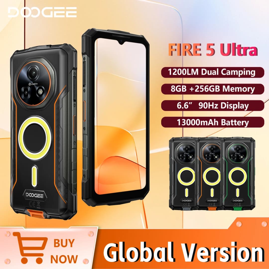 هاتف DOOGEE Fire 5 Ultra المتين مع معالج Helio G81 وإضاءة تخييم بطارية 13000mAh ذاكرة 32GB رام و256GB روم كاميرا 48MP AI شاشة 6.6 بوصة HD+ 90Hz