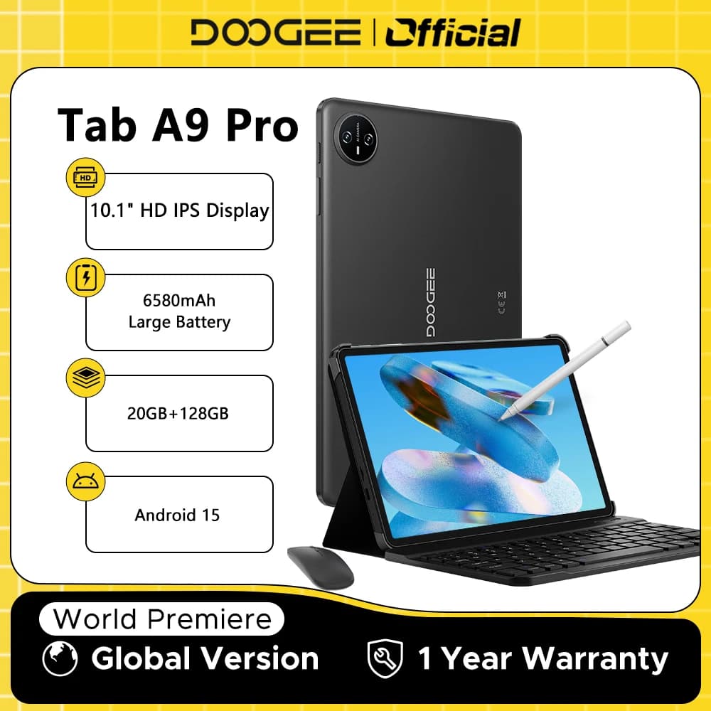 DOOGEE Tab A9 Pro Tablet 10.1" HD Display Android 15 20GB 128GB 6580mAh Large Battery Dual Speakers 8MP+5MP Pad PC 2 In 1 Tablet