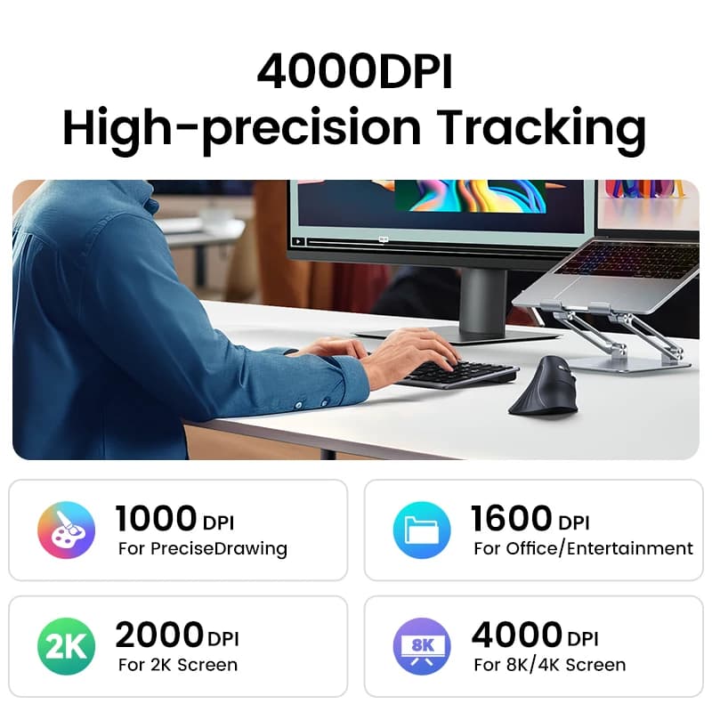 UGREEN Vertical Mouse Wireless Bluetooth5.0 2.4G Ergonomic 4000DPI 6 Mute Buttons for MacBook Tablet Laptops Computer PC Mice - 3