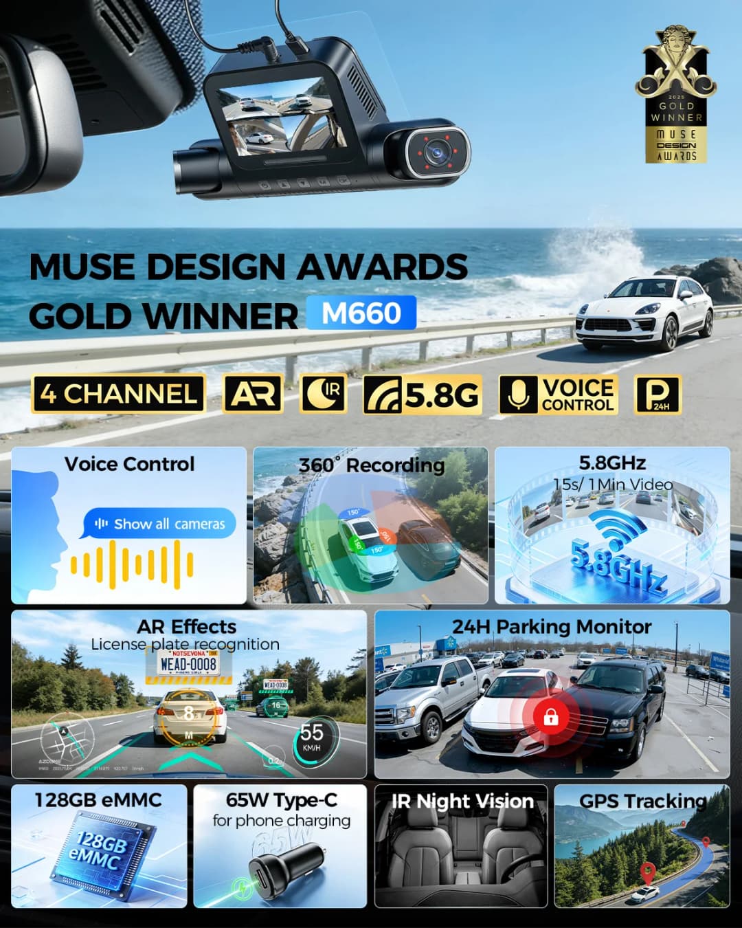 كاميرا لوحة القيادة AZDOME M660 بدقة 2.5K+3*1080P مع 4 قنوات وGPS وواي فاي 5G مدمج وذاكرة 128 جيجابايت وتحكم صوتي ومراقبة على مدار 24 ساعة ورؤية ليلية فائقة - 2