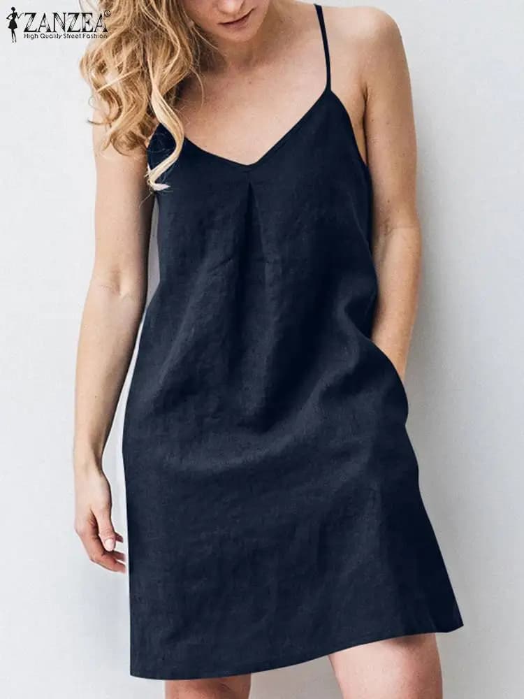 2023 ZANZEA Women Summer Backless Straps Dress Solid Sleeveless V-Neck Sundress Female Casual Robe Party Beach Vestidos Oversize - 5