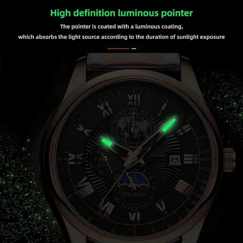 ساعة رجالية موضة 2024، ساعة يد فاخرة مقاومة للماء، جلد مضيء، تاريخ، كوارتز - 4