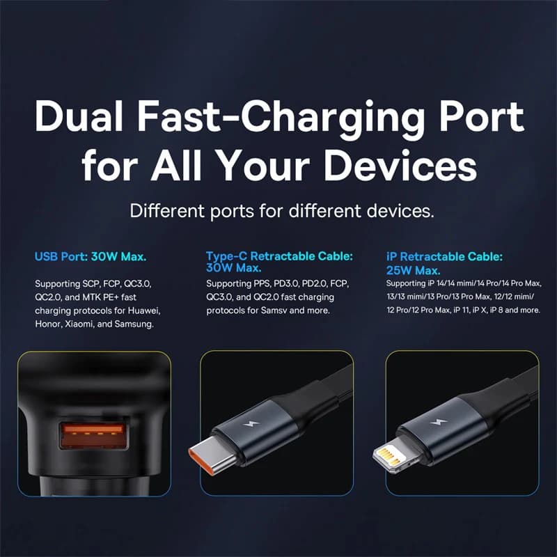 Baseus 60W Car Charger 2 in 1 Retractable Cable SCP 25W QC PD 30W Fast Car Phone Charger For iPad iPhone 16 15 14 13 Pro Samsung - 2