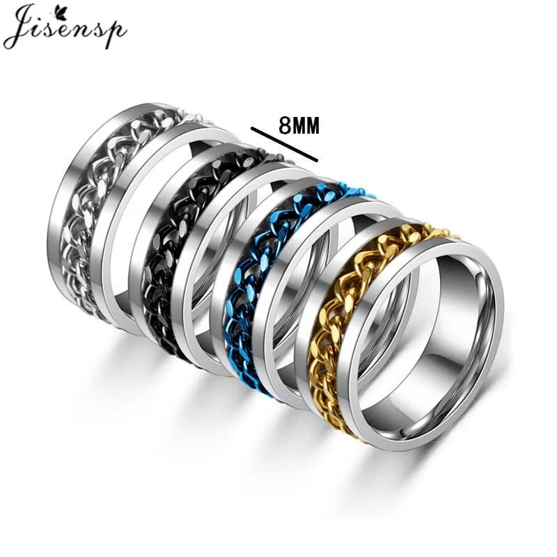 Ins Fashion Men Rotatable Chain Link Anxiety Fidget Rings Titanium Stainless Steel Spinner Finger Ring Blue Black Punk Gift - 2