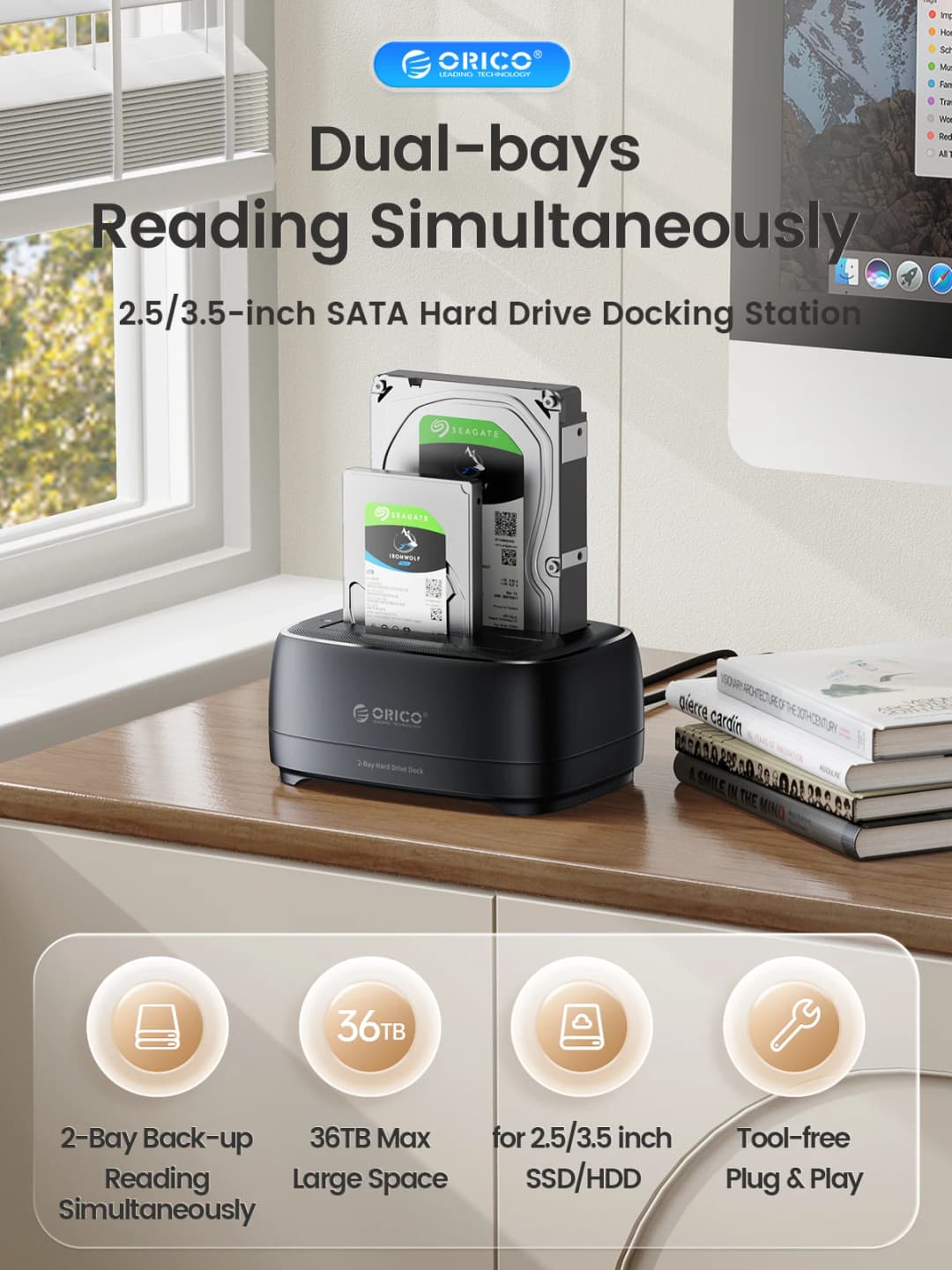 ORICO Dual-bay Hard Drive Station USB3.0 5Gbps Type-C HDD Docking Station  with 12V 3A Power Adapter  for 2.5/3.5 Inch HDD/SSD - 2