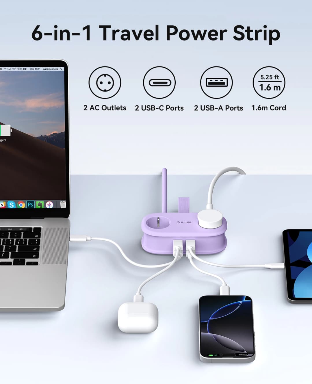 شريط طاقة ORICO قابل للطي محمول للسفر محطة شحن سريعة 65W GaN مع 2 منافذ AC و2 USB و2 Type-C محول قابس EU للمنزل - 2