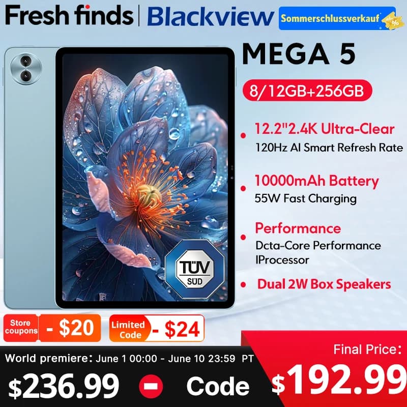 New Blackview MEGA 5 AI Tablet 12.2" 2.4K 120Hz Display 12GB 256GB 10000mAh 55W Charging 4G Android 16 PC Pad ﻿