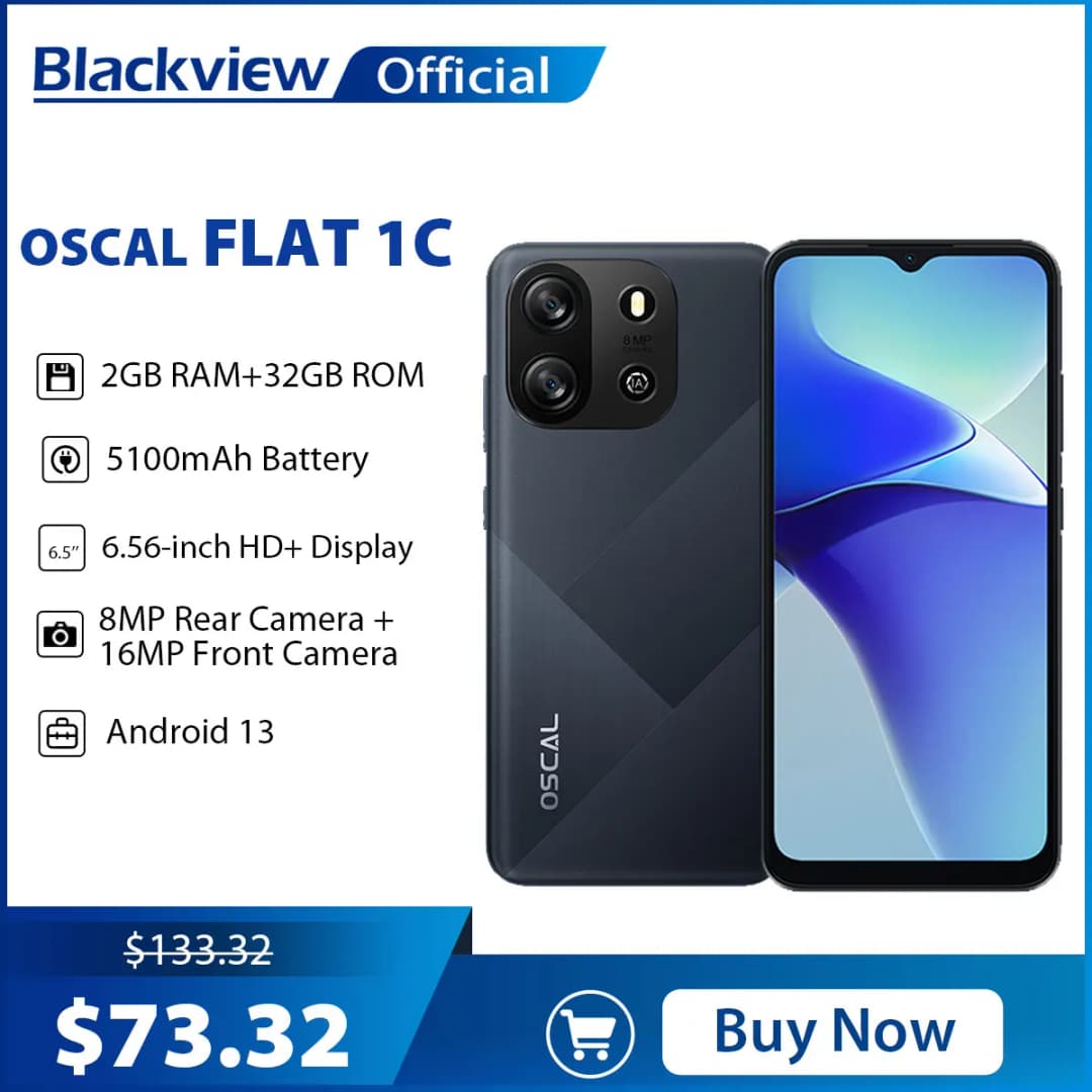 هاتف بلاك فيو OSCAL FLAT 1C بنظام أندرويد 13، 2GB 32GB هاتف ذكي رخيص 6.65 بوصة، بطارية 4700mAh، 4G
