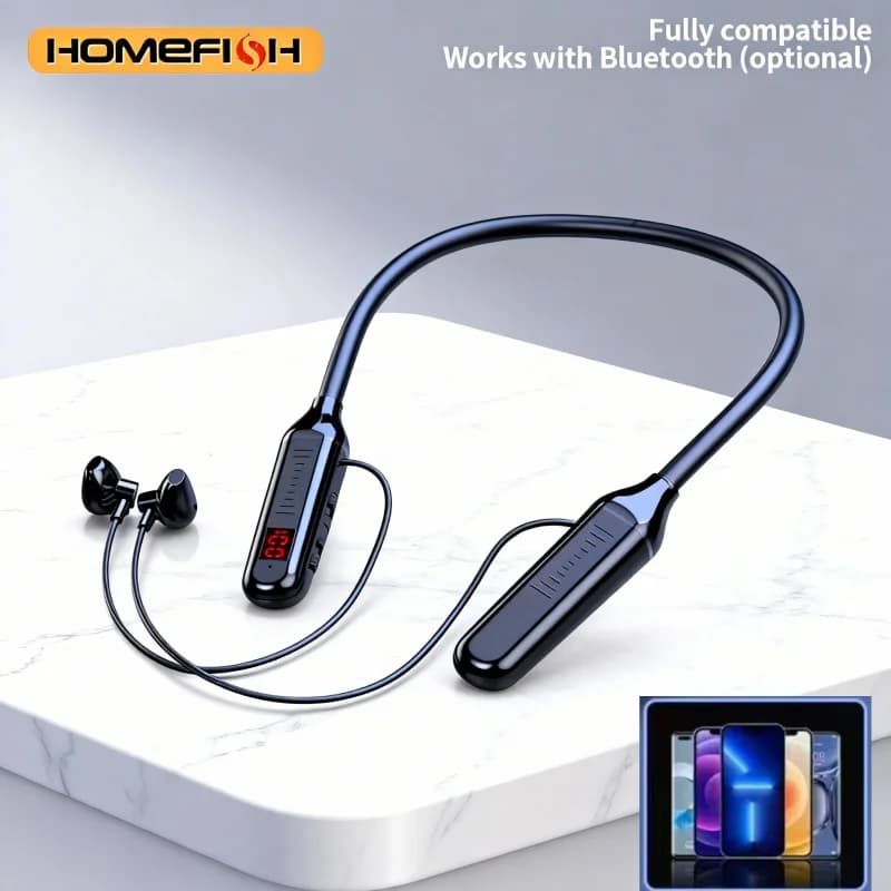سماعات رقبة بلوتوث لاسلكية مع شاشة رقمية، سماعات ستيريو رياضية شبه داخل الأذن بسعة كبيرة - 3