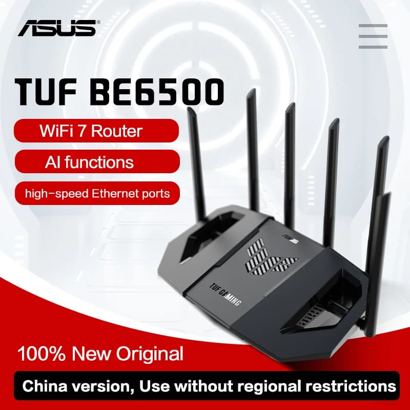 راوتر ASUS Wi-Fi 7 BE6500 TUF Gaming، راوتر منزلي ذكي مع توجيه عشوائي للمجموعات، شبكة لاسلكية 5G