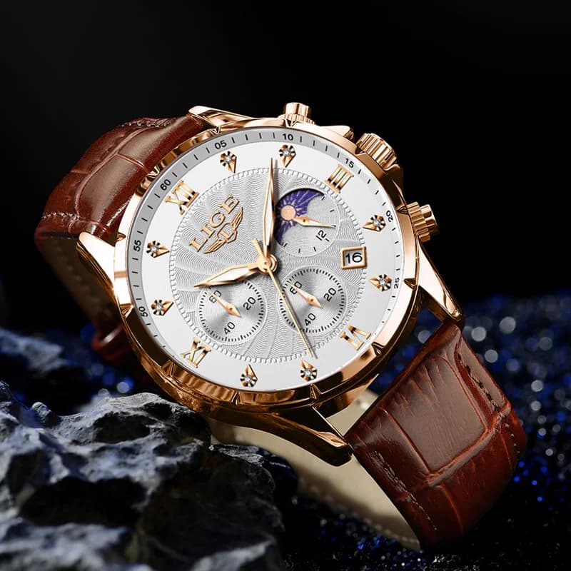 ساعة رجالية كاجوال للأعمال من ليج، ساعة فاخرة مقاومة للماء، ساعة كرونوغراف مضيئة، ساعة كوارتز جلدية - 4