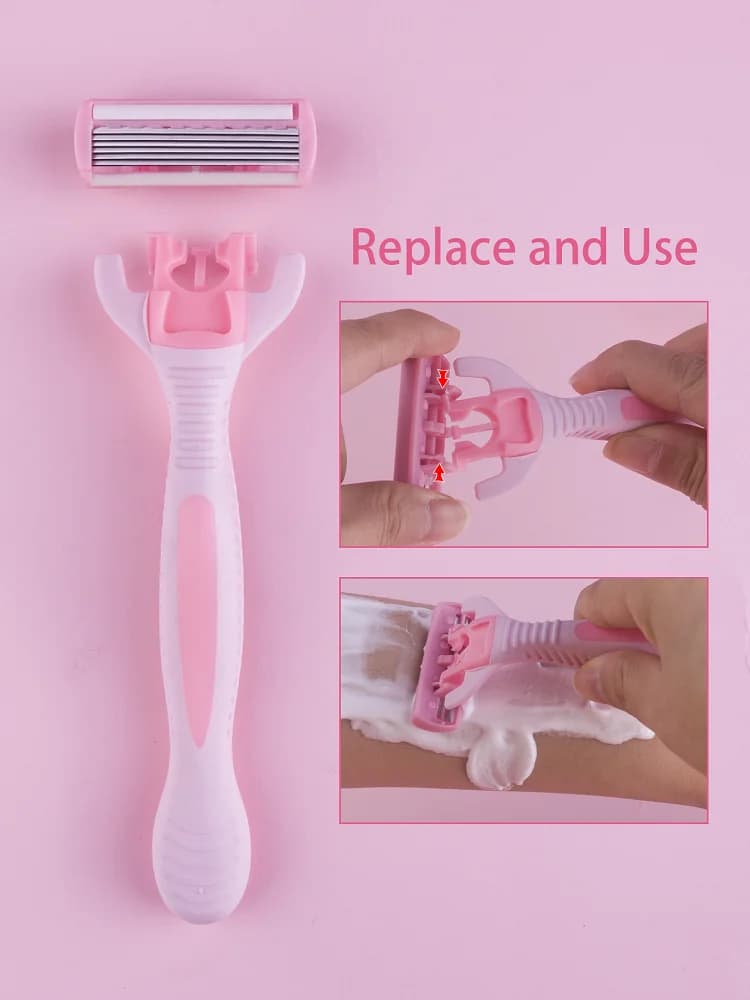 1 مقبض + 12 / 17 شفرة / شفرة حلاقة يدوية آمنة للرجال والنساء، 6 طبقات من الفولاذ المقاوم للصدأ، رأس حلاقة قابل للاستبدال لإزالة الشعر - 4