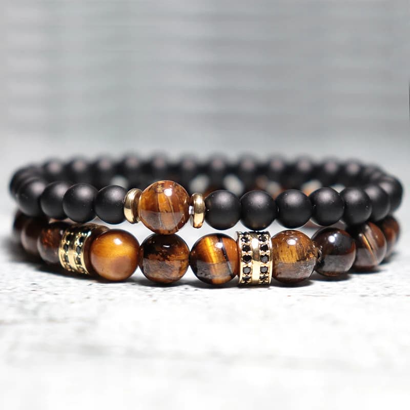 Fashion 2Pcs Men Bracelet Set Natural Tiger eye Beads Stone Braslet Luxury Zirconia Wrap Braclet Leisure Accessories Pulseria