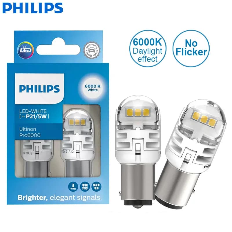 Philips Ultinon Pro6000 LED P21/5W 1157 S25 Two Contacts Red White Car Turn Signal Stop Lamps No Flash Flickering Error Free, 2x - 4