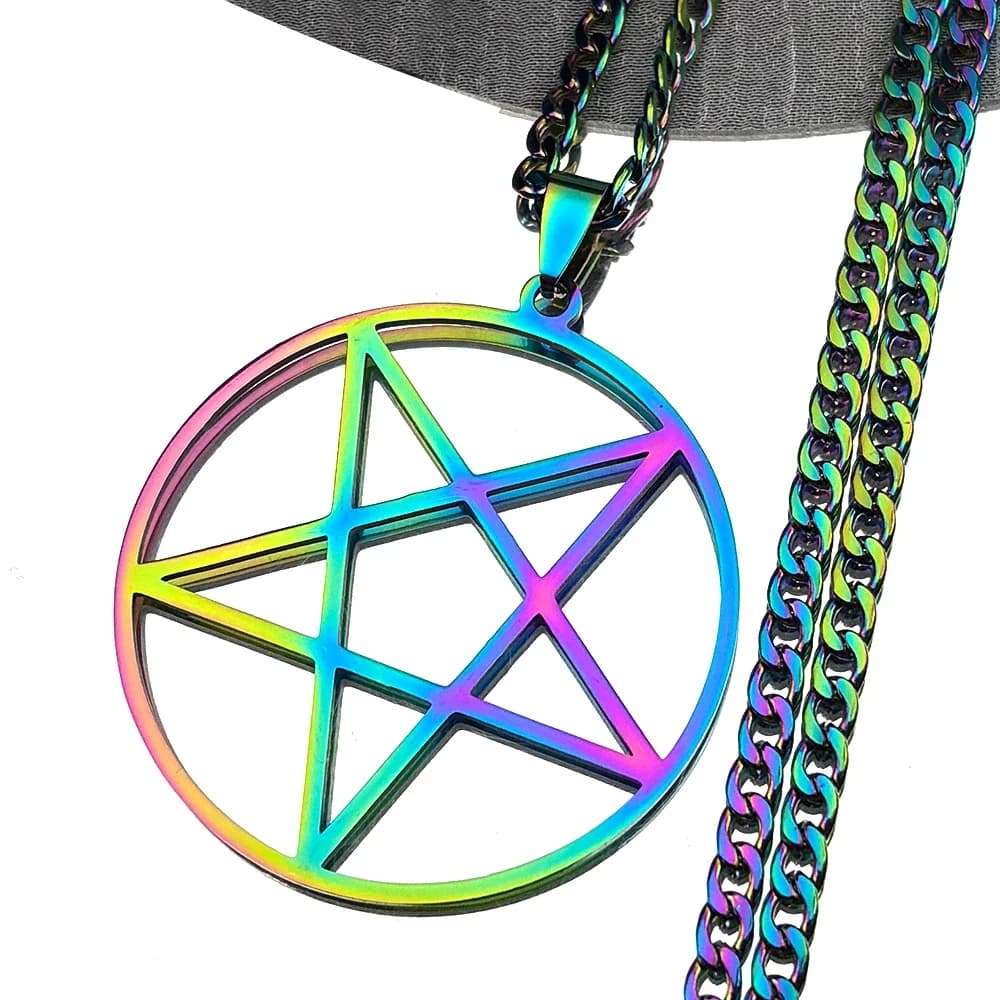 Retro Witchcraft Pentagram Pendant Necklace For Women Men Stainless Steel Rainbow Color Lucky Punk Male Chain Jewelry Gift